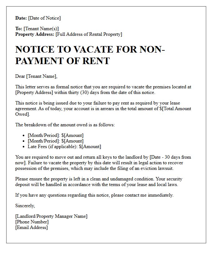 Thirty-Day Notice to Vacate for Rent Arrears Letter