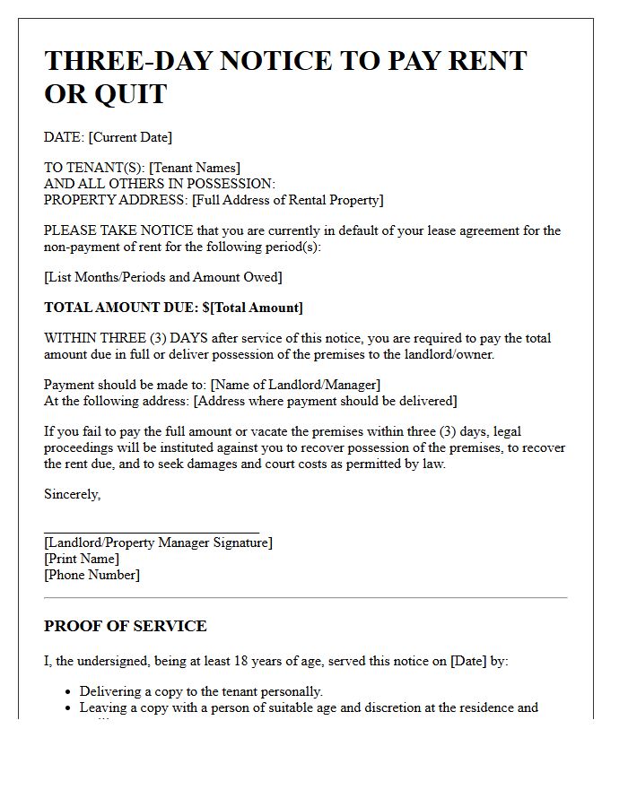 Three-Day Notice to Vacate for Non-Payment of Rent Letter