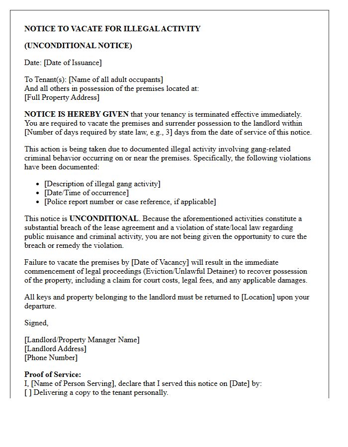 Unconditional Notice to Vacate Letter for Documented Illegal Gang Activities