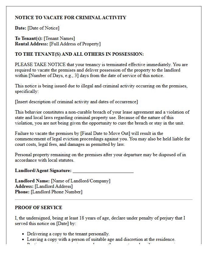 Unconditional Notice to Vacate Letter for General Criminal Property Use