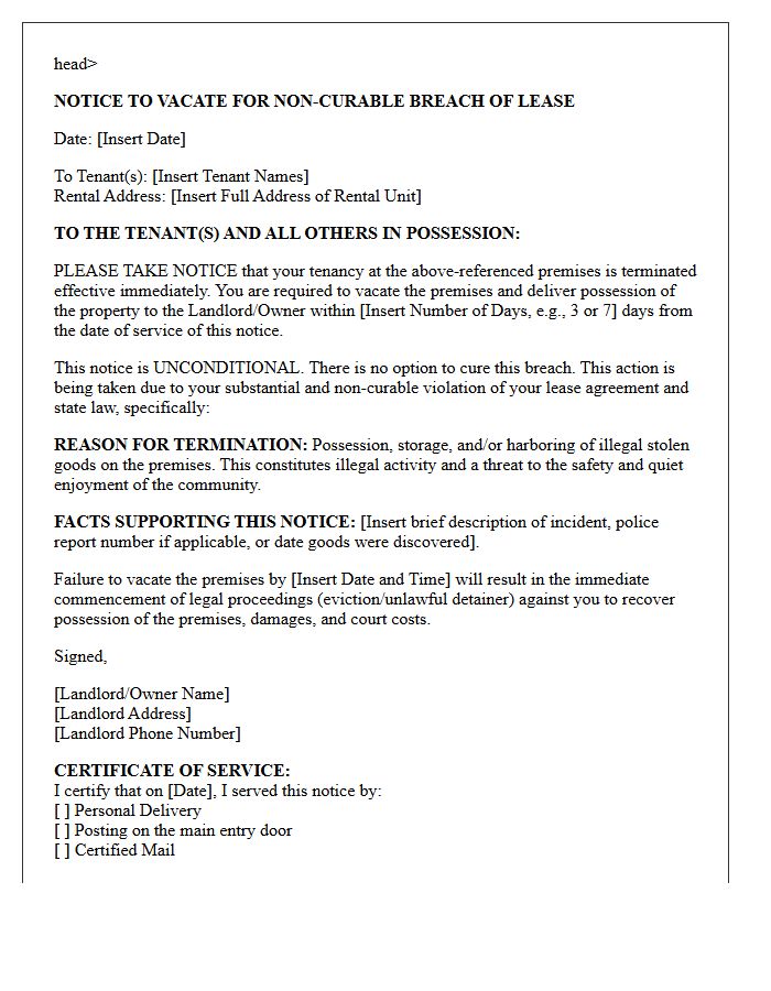 Unconditional Notice to Vacate Letter for Harboring Illegal Stolen Goods