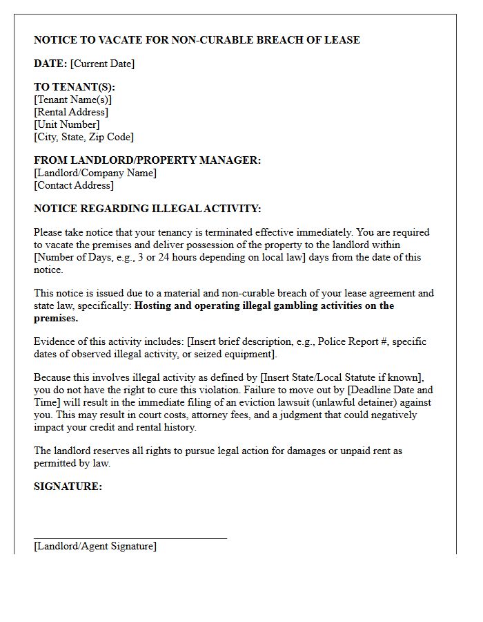Unconditional Notice to Vacate Letter for Hosting Illegal Gambling Operations