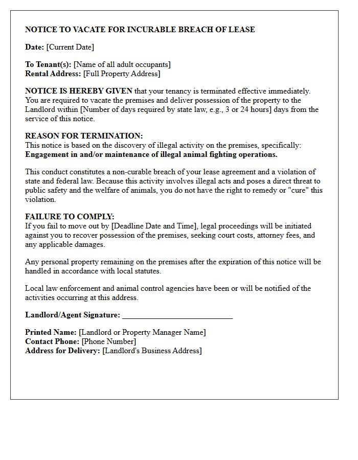 Unconditional Notice to Vacate Letter for Illegal Animal Fighting Operations