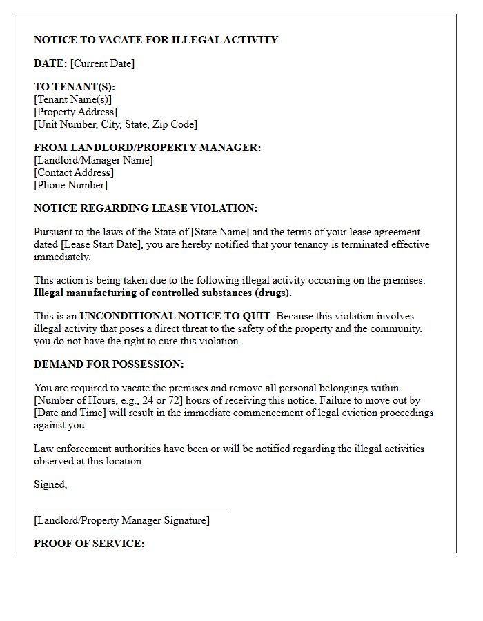 Unconditional Notice to Vacate Letter for Illegal Drug Manufacturing