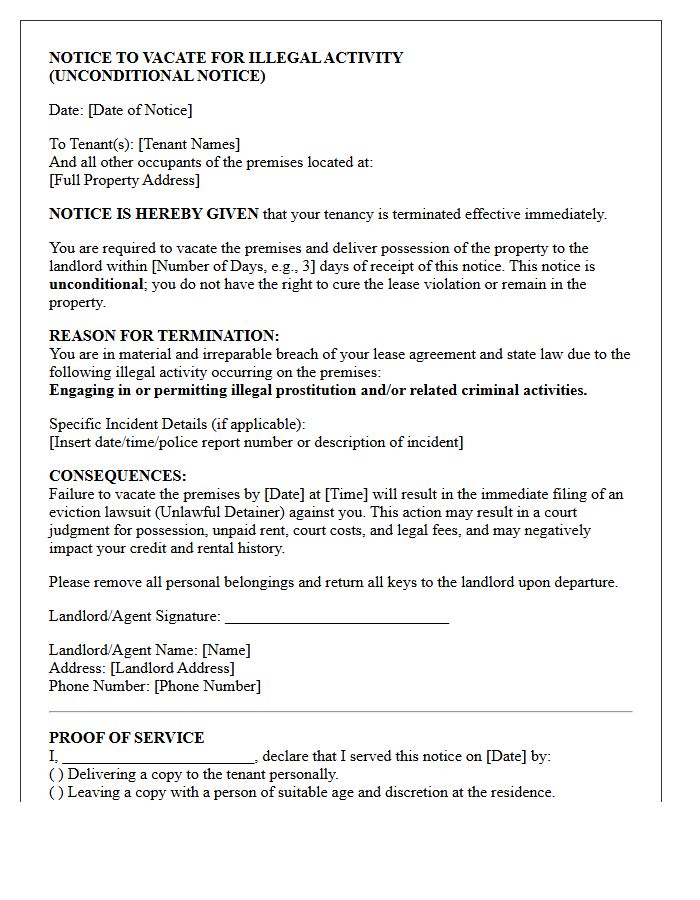 Unconditional Notice to Vacate Letter for Illegal Prostitution Activities