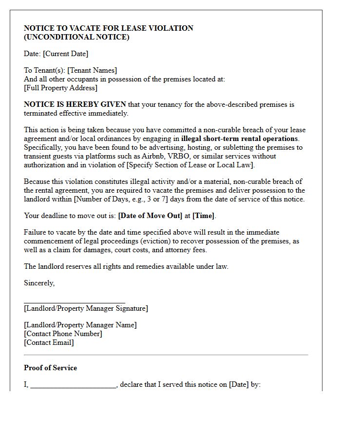 Unconditional Notice to Vacate Letter for Illegal Short-Term Rental Operations