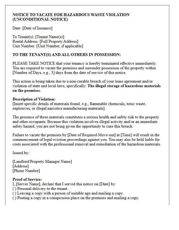 Unconditional Notice to Vacate Letter for Storage of Illegal Hazardous Materials