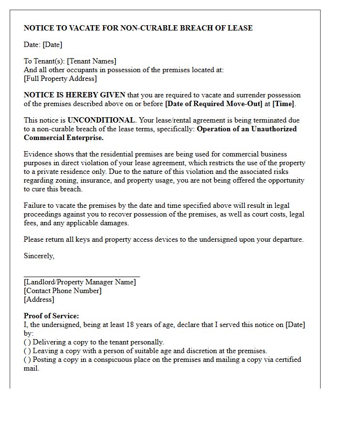 Unconditional Notice to Vacate Letter for Unauthorized Commercial Enterprise