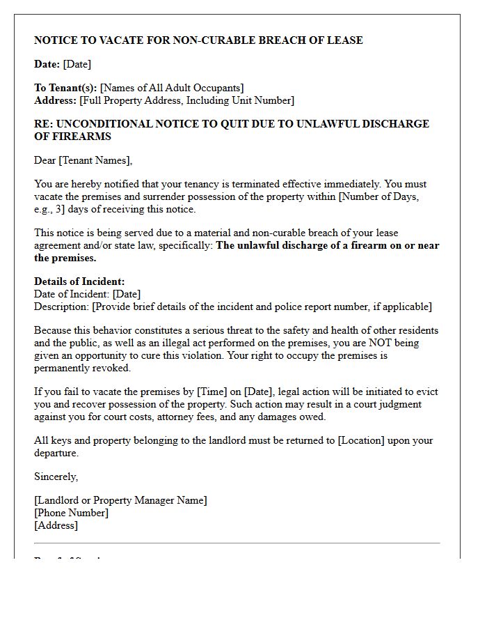 Unconditional Notice to Vacate Letter for Unlawful Discharge of Firearms