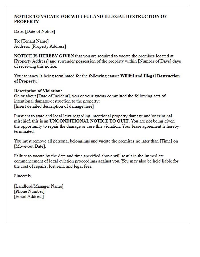 Unconditional Notice to Vacate Letter for Willful and Illegal Property Destruction