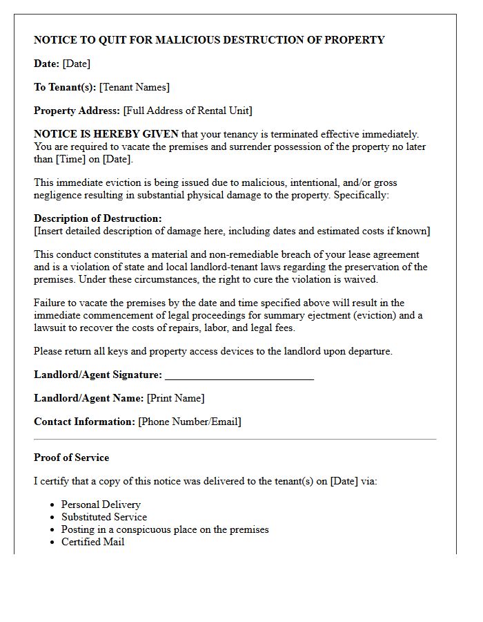 Immediate Eviction for Malicious Property Destruction Letter