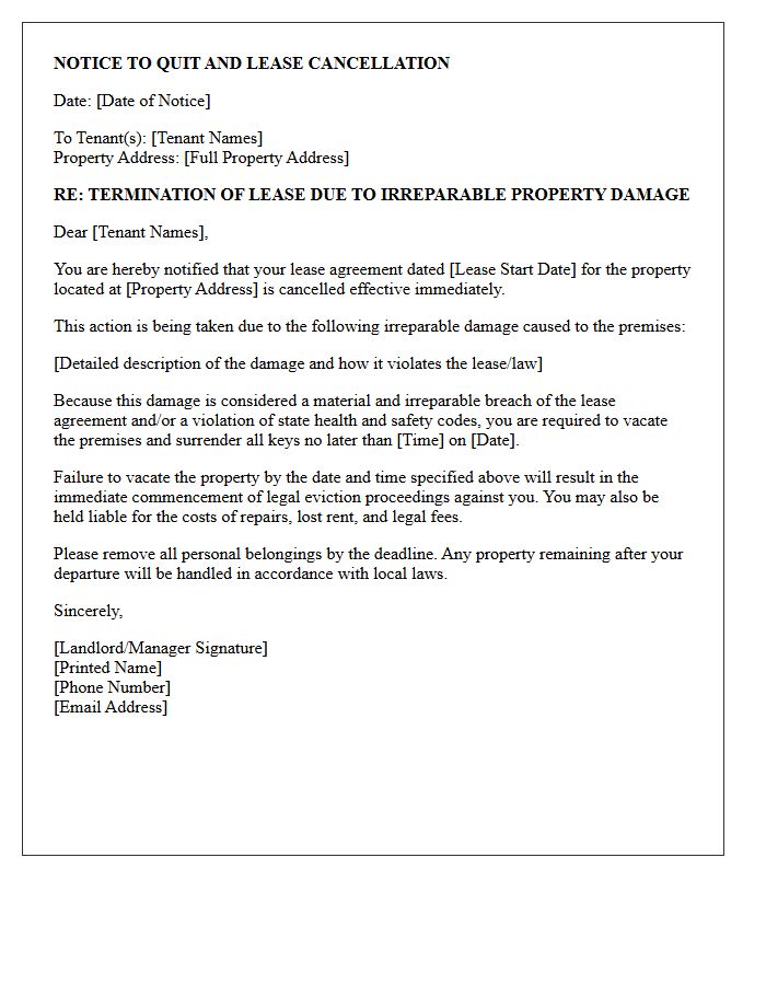 Irreparable Property Damage Lease Cancellation Eviction Letter