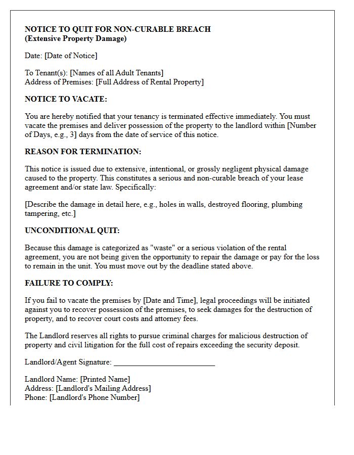 Landlord Unconditional Quit Letter for Extensive Property Harm
