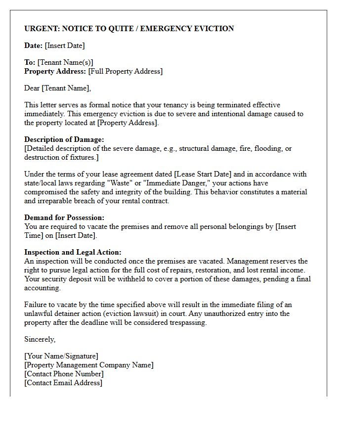 Property Management Emergency Eviction for Severe Damage Letter