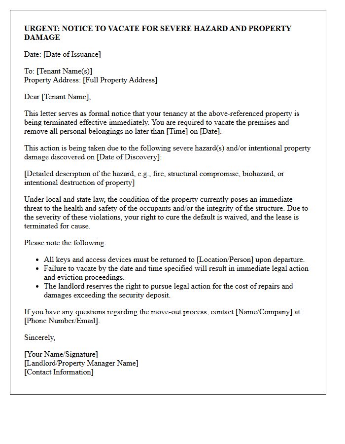Severe Hazard and Property Damage Notice to Vacate Letter