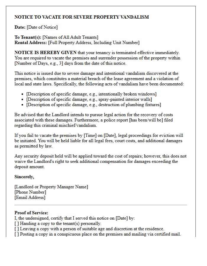 Tenant Severe Property Vandalism Notice to Vacate Letter