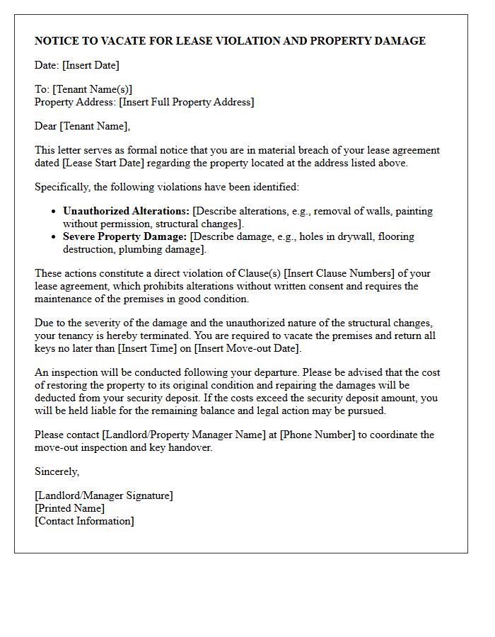 Unauthorized Alterations and Severe Damage Notice to Vacate Letter