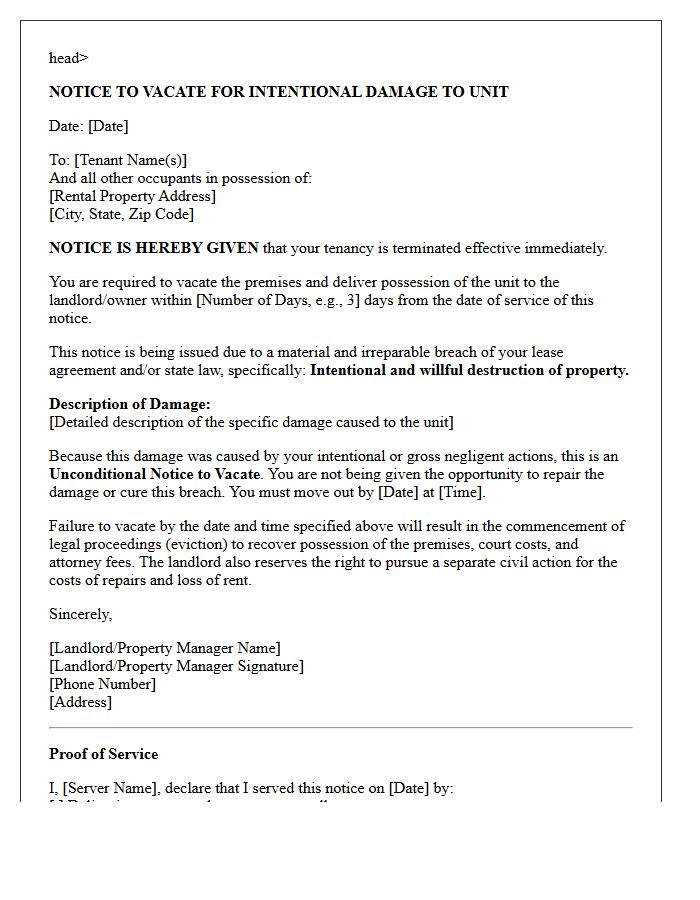 Unconditional Notice to Vacate for Intentional Unit Damage Letter