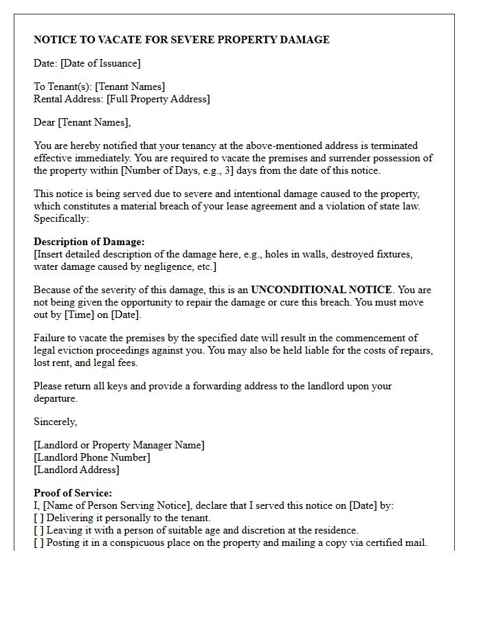 Unconditional Notice to Vacate for Severe Property Damage Letter