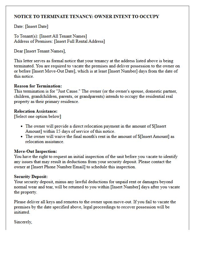 Just Cause Eviction for Owner Intent to Occupy Letter