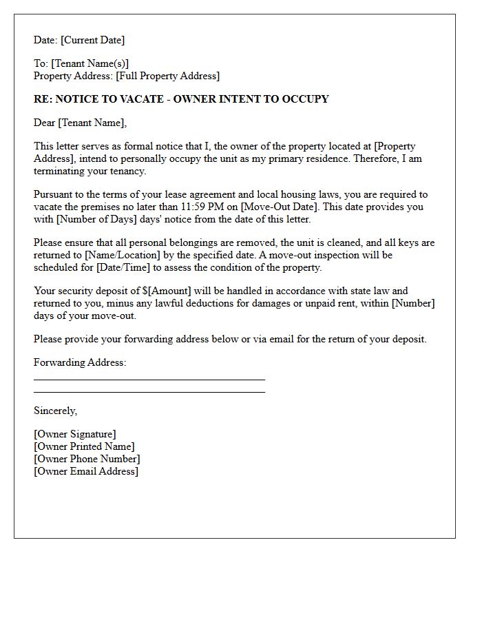 Owner Intent to Occupy and Notice to Vacate Letter
