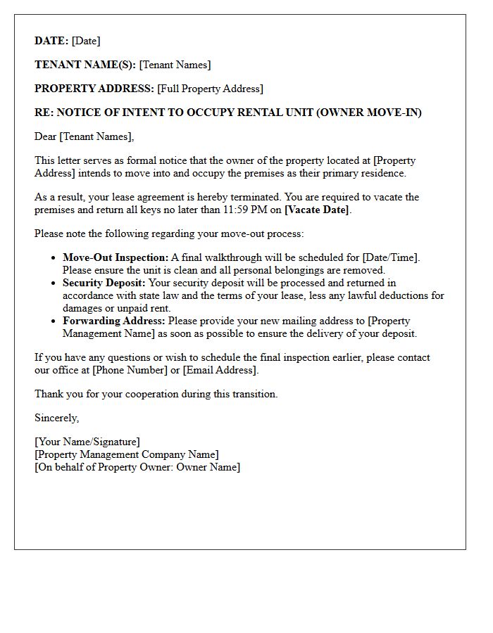Property Management Notice of Owner Move-In Intent Letter