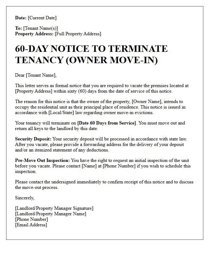 Sixty-Day Notice to Vacate Owner Move-In Letter