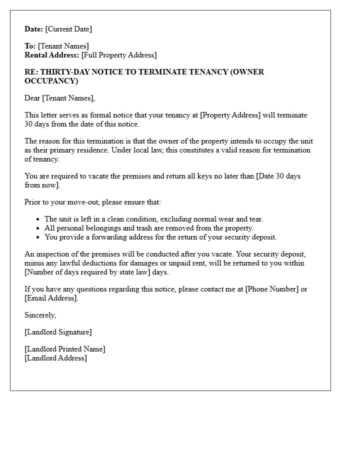 Thirty-Day Notice to Vacate for Owner Occupancy Letter