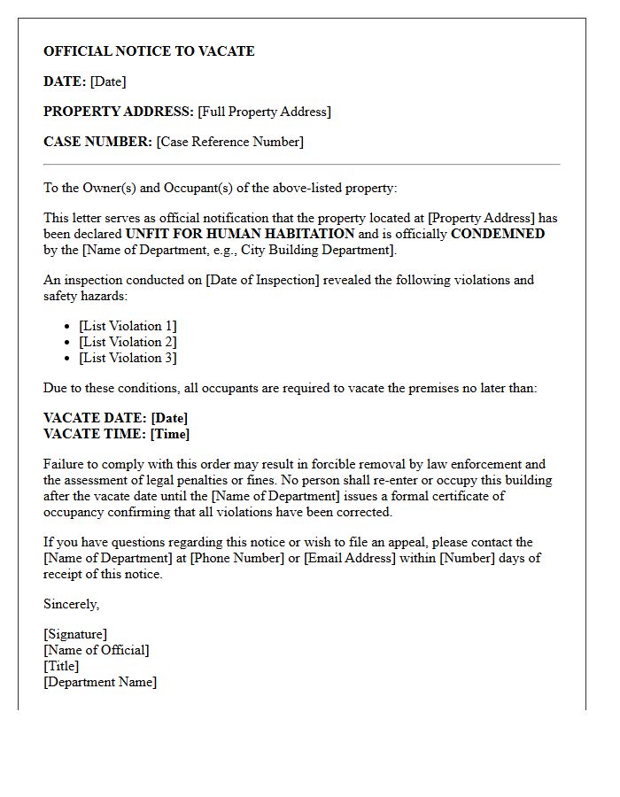 Condemned Property Notice to Vacate Letter