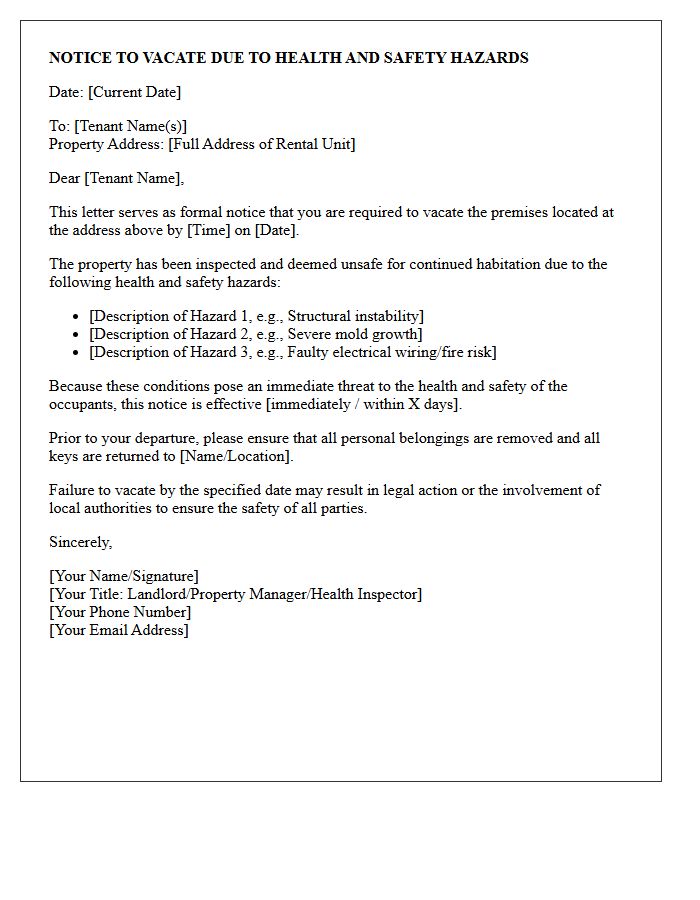 Health and Safety Hazard Notice to Vacate Letter