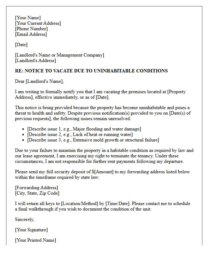 Landlord Notice to Vacate for Uninhabitable Premises Letter