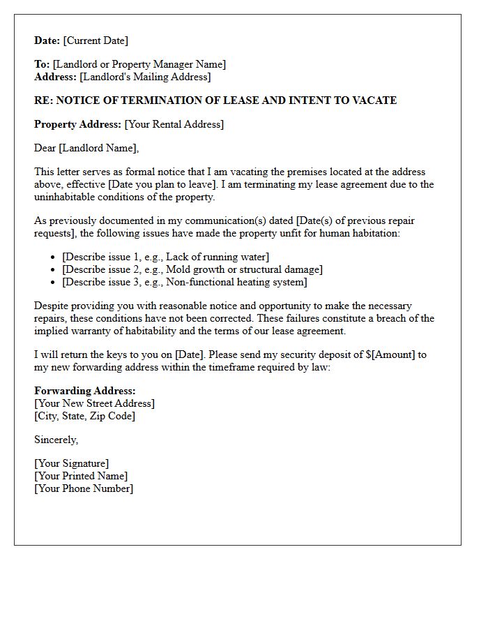 Notice to Vacate Due to Uninhabitable Conditions Letter