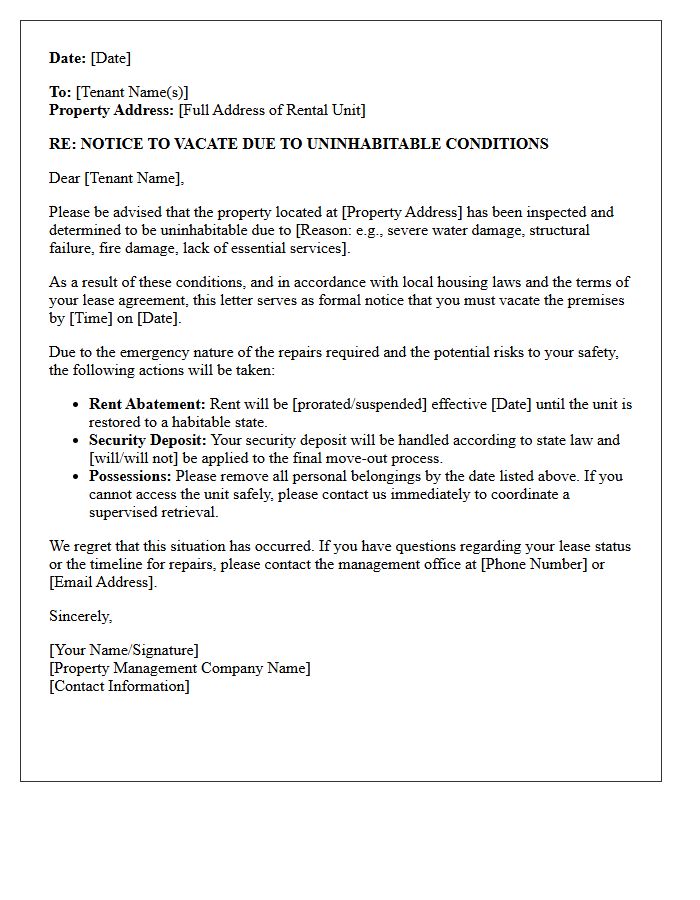 Property Management Notice to Vacate Uninhabitable Residence Letter