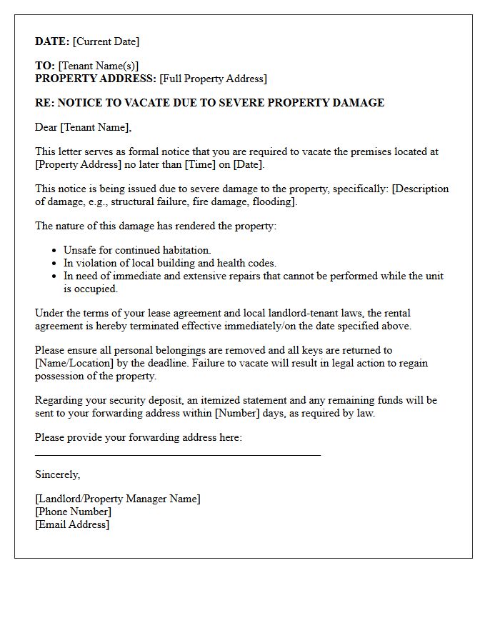 Severe Property Damage Notice to Vacate Letter
