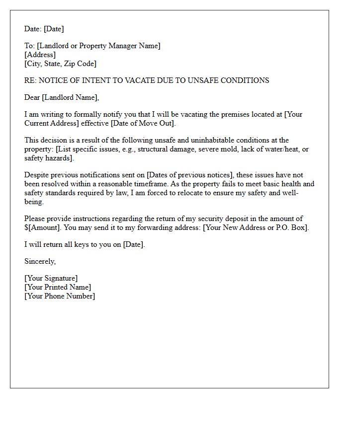Tenant Relocation Due to Unsafe Living Conditions Letter