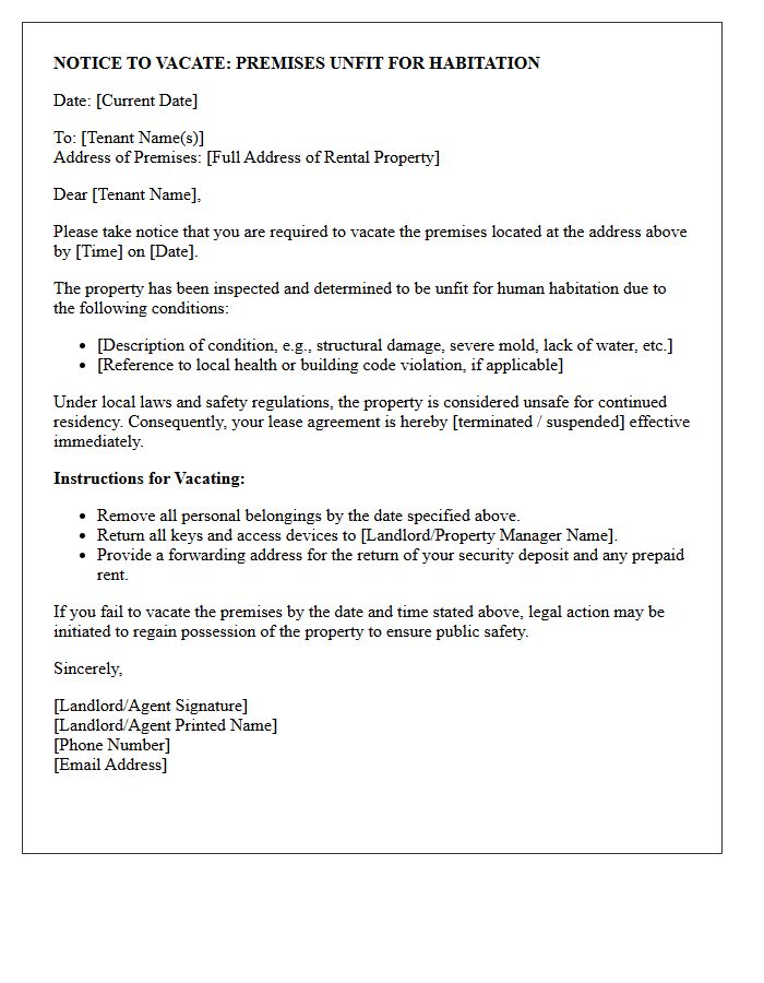 Unfit for Habitation Notice to Vacate Letter