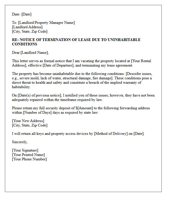 Uninhabitable Property Notice to Vacate Letter