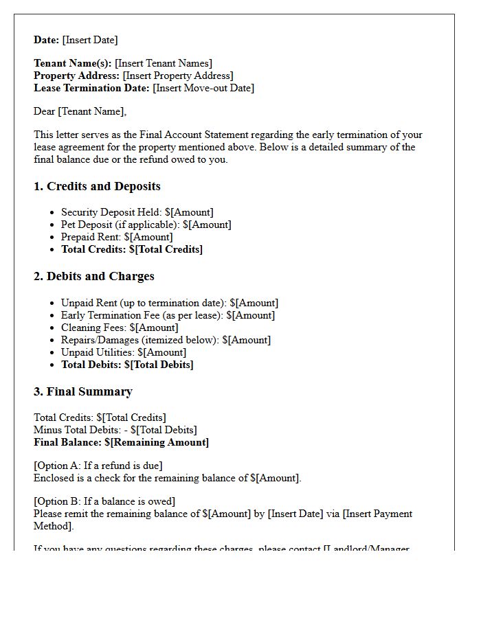 Final Account Statement for Early Lease Termination Letter