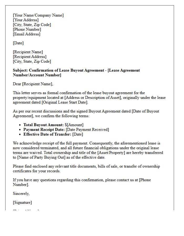 Lease Buyout Agreement Confirmation Letter