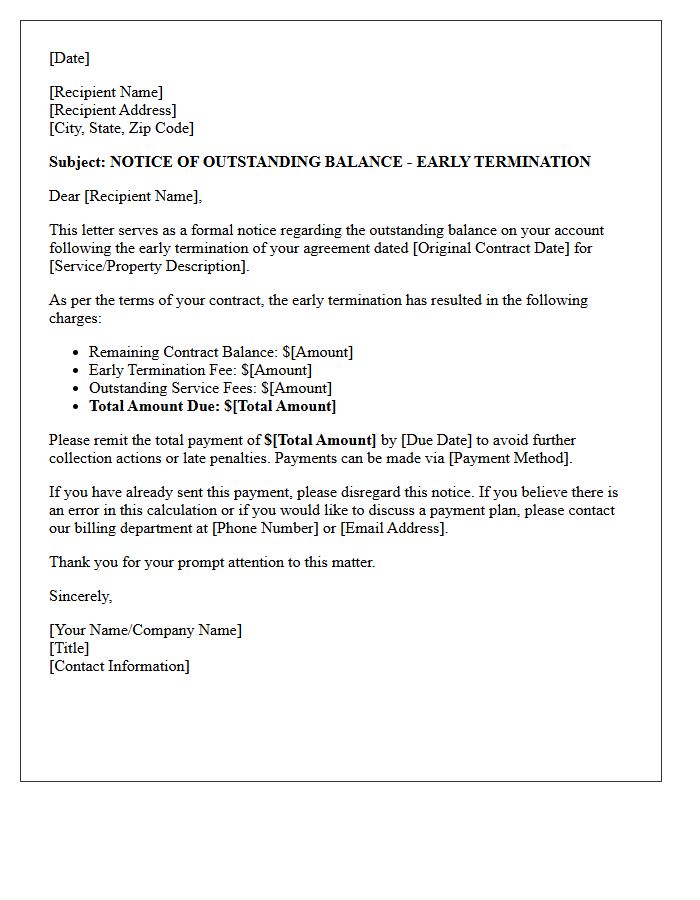 Outstanding Balance Notice for Early Termination Letter