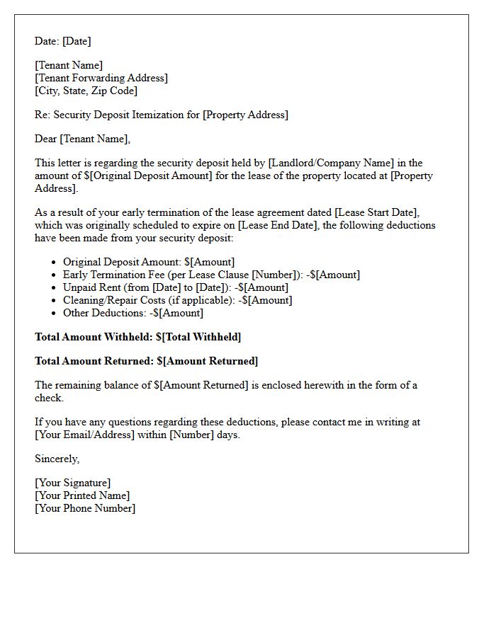 Security Deposit Deduction for Early Termination Letter