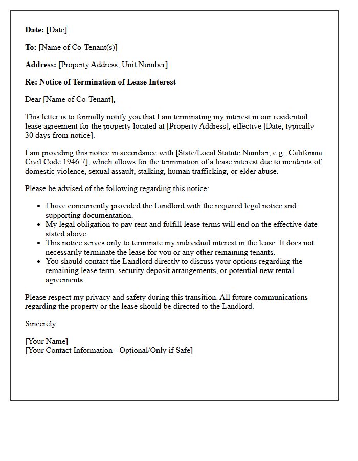 Co-Tenant Notification Letter Regarding Domestic Violence Lease Termination