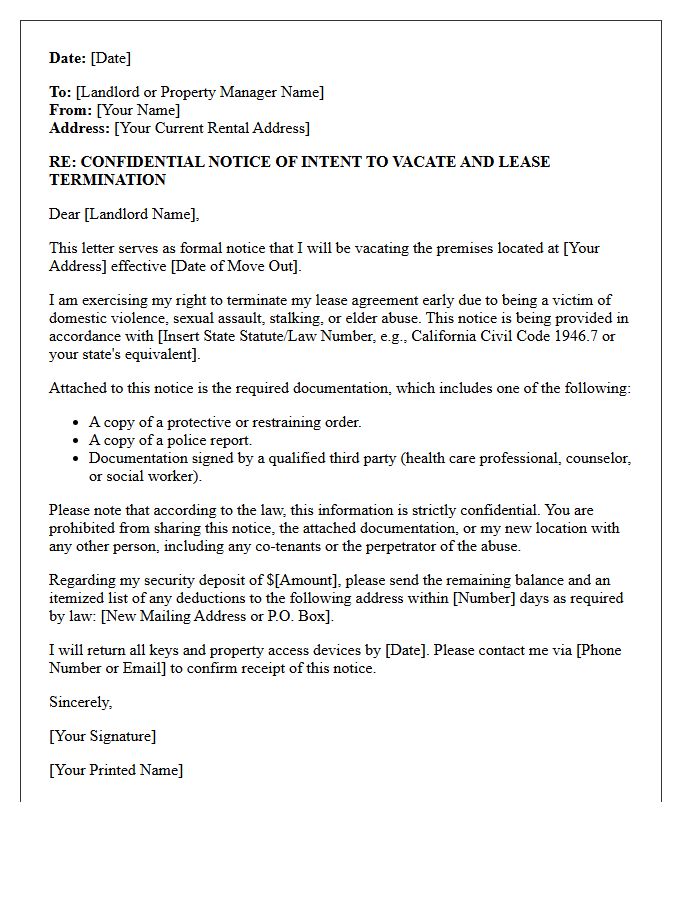Confidential Notice to Vacate Letter for Victims of Domestic Violence