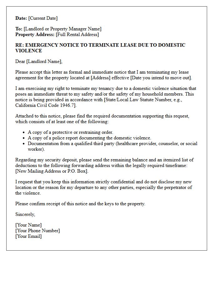 Emergency Notice to Vacate Letter Due to Domestic Violence Situation