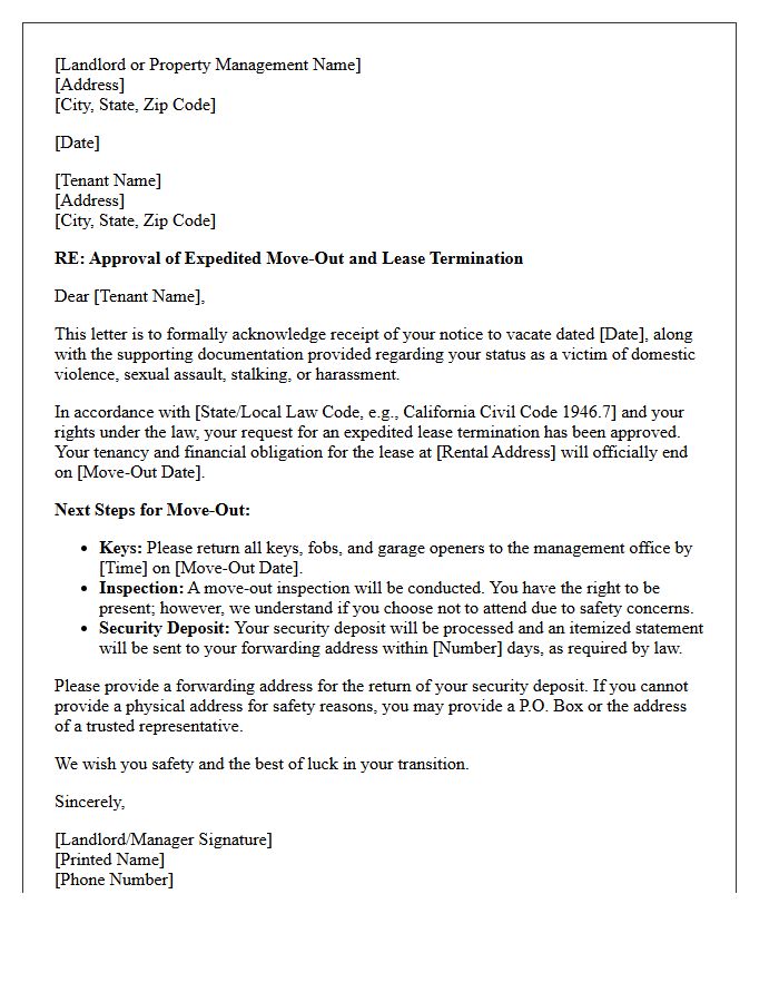 Expedited Move-Out Approval Letter for Domestic Violence Notice to Vacate