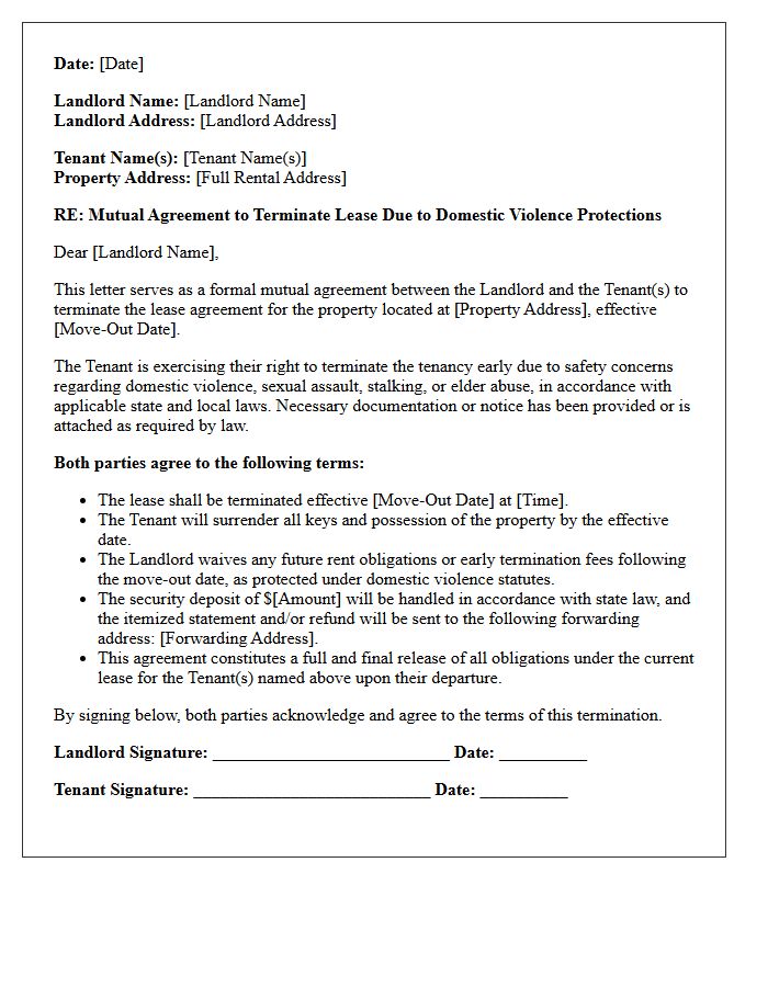 Mutual Agreement to Vacate Letter Under Domestic Violence Protections