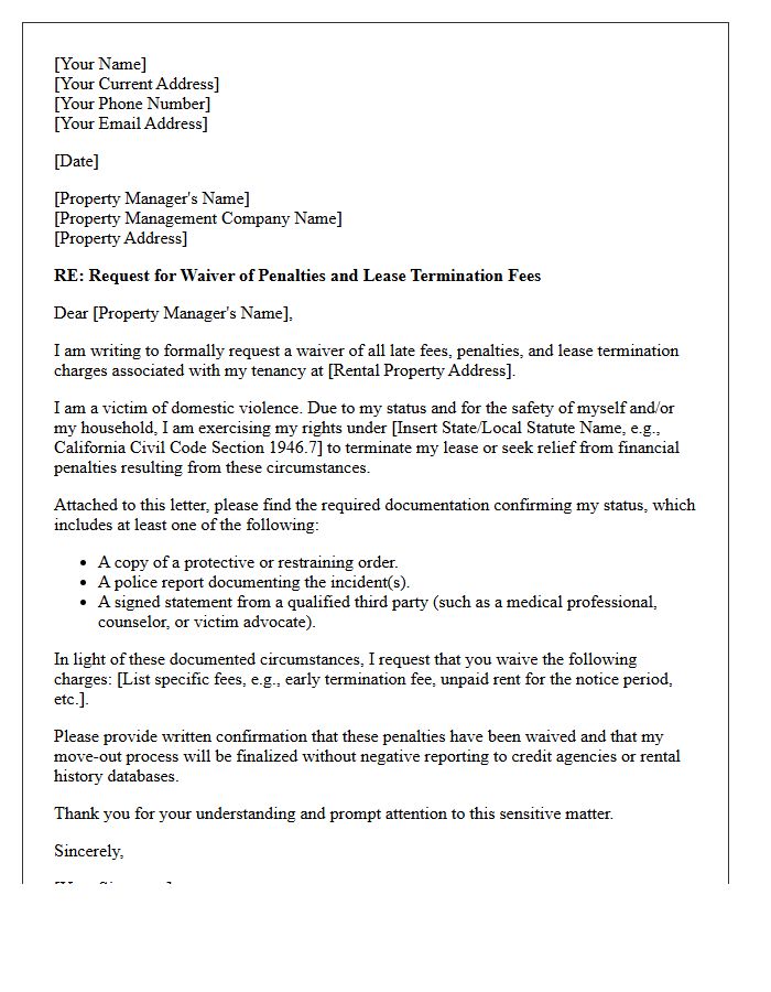 Official Property Management Penalty Waiver Letter for Domestic Violence Status