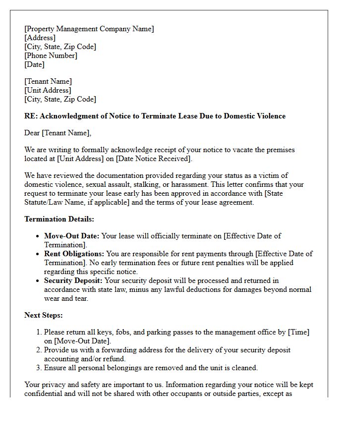 Property Management Acknowledgment Letter for Domestic Violence Notice to Vacate