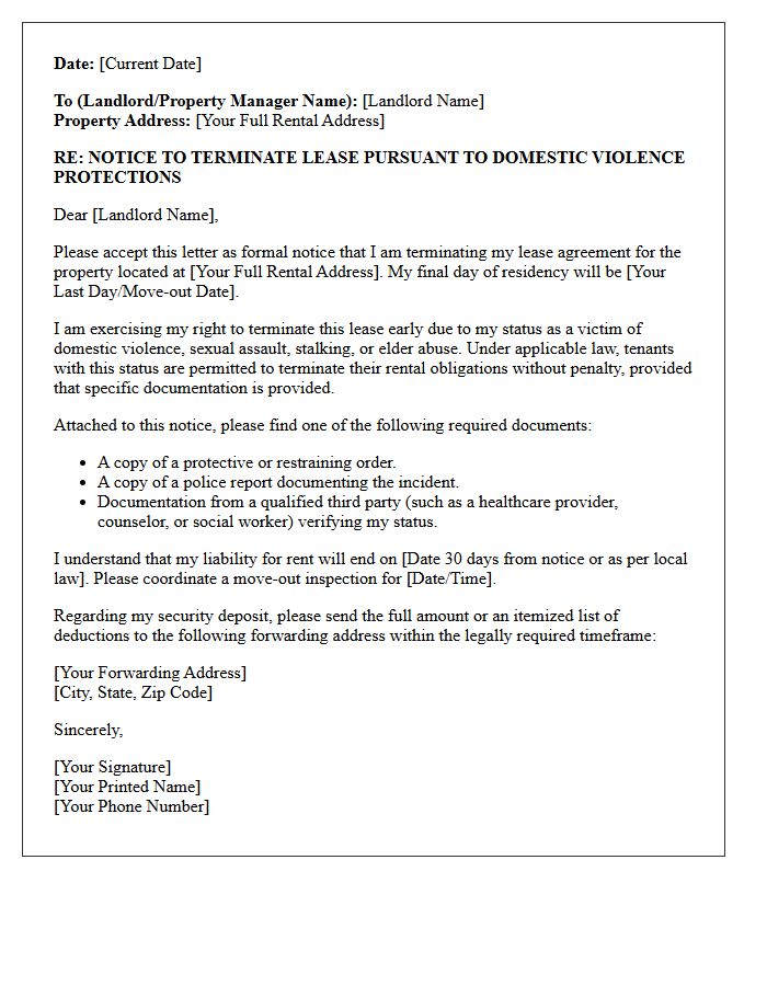 Standard Tenant Notice to Vacate Due to Domestic Violence Status Letter