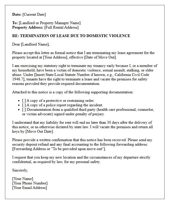 Statutory Domestic Violence Notice to Vacate Letter With Supporting Documentation